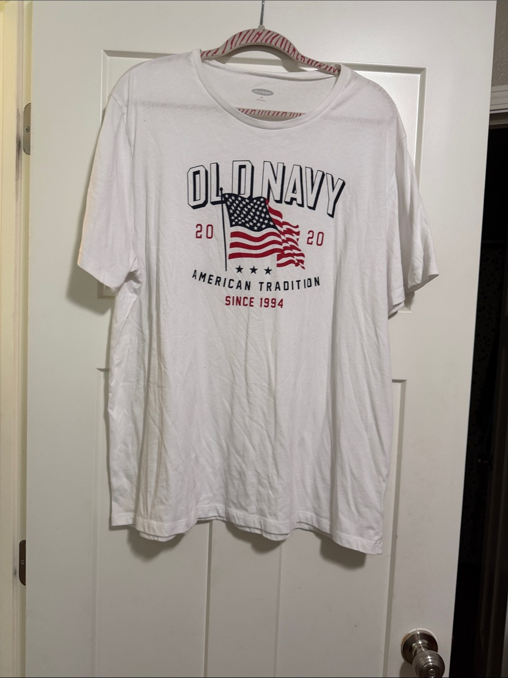 Old Navy White Tee with Red and Blue American Flag Graphic